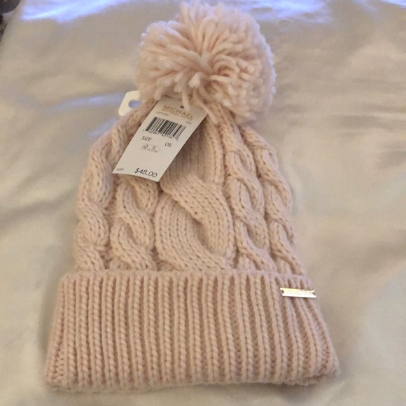 Michael Kors Soft Blush Pink Cable Knit Cuffed Beanie Hat Pink Pom Pom OS NWT - Picture 3 of 14